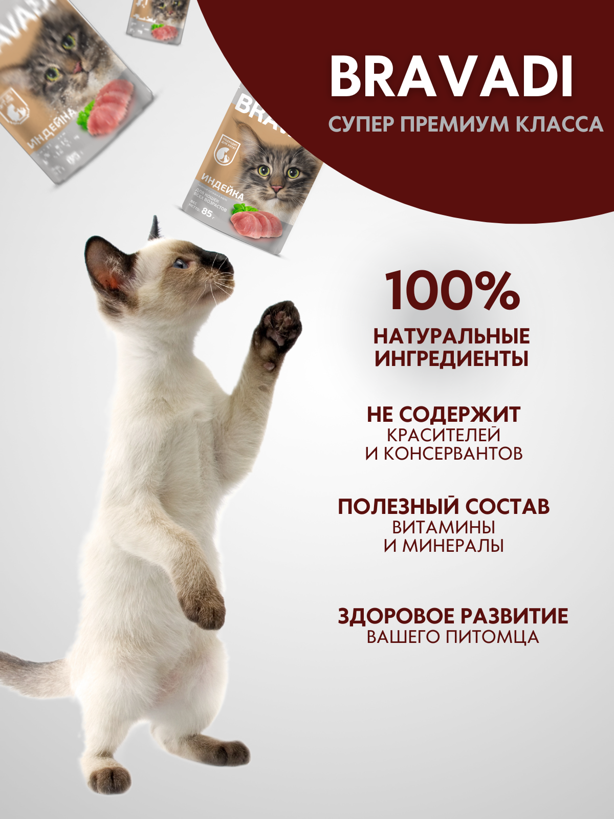 BRAVADI пауч нежные кусочки с индейкой в желе для кошек и котят 85г