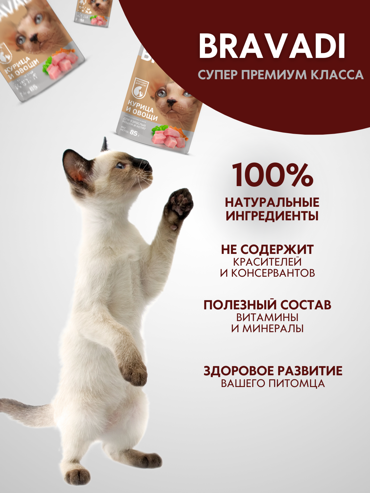 BRAVADI пауч нежные кусочки с курицей и овощами в желе для кошек и котят 85г