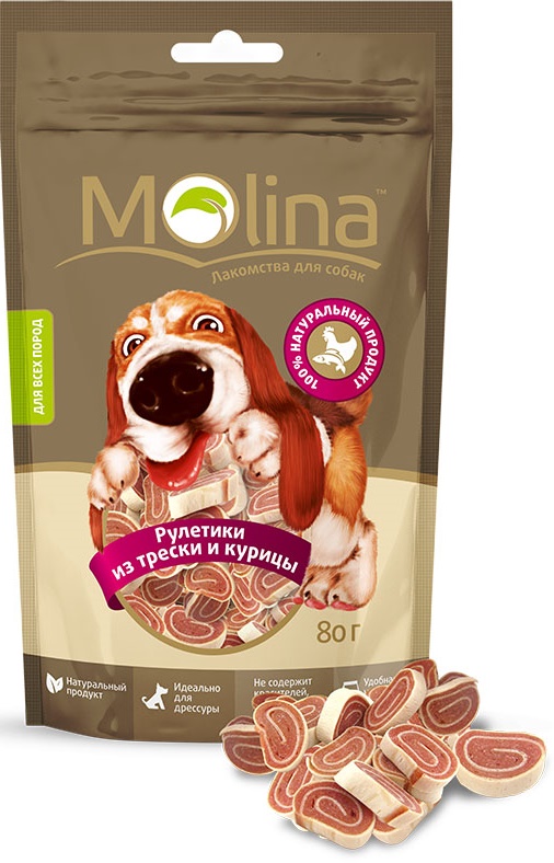 MOLINA лакомство для собак "Рулетики из трески и курицы" 80г