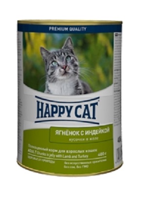 Хэппи Кэт консервы кусочки в желе Ягненок/Индейка 400г