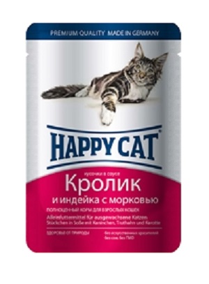 Хэппи Кэт пауч Кролик/Индейка/Морковь кусочки в соусе 100г