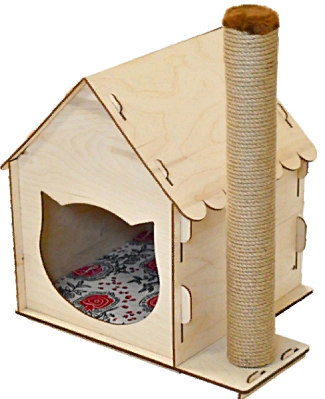 Комплекс Дом с резной крышей со столбиком фанера+лён джут 34*34*52 см
