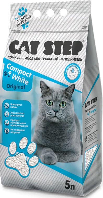 Наполнитель CAT STEP комкующийся минеральный Compact White Original 5л