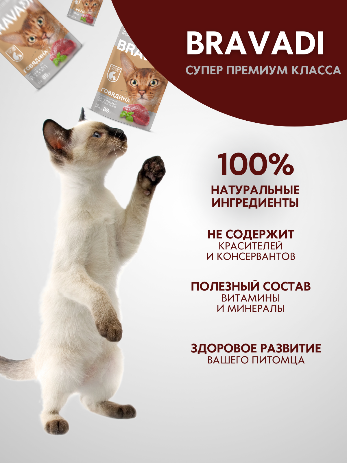 BRAVADI пауч нежные кусочки с говядиной в желе для кошек и котят 85г