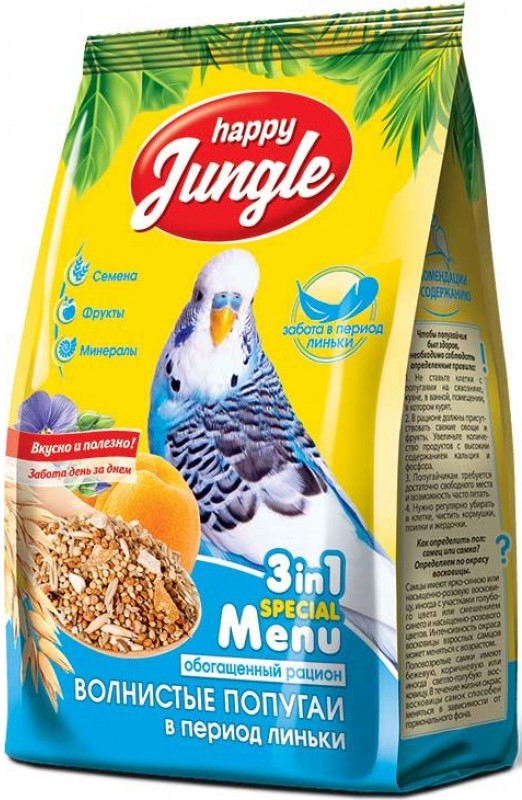 HAPPY JUNGLE Корм для волнистых попугаев при линьке 500г