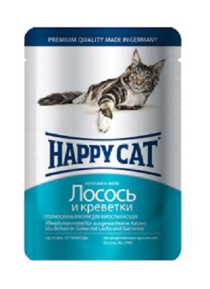 Хэппи Кэт пауч Лосось/Креветки кусочки в желе 100г