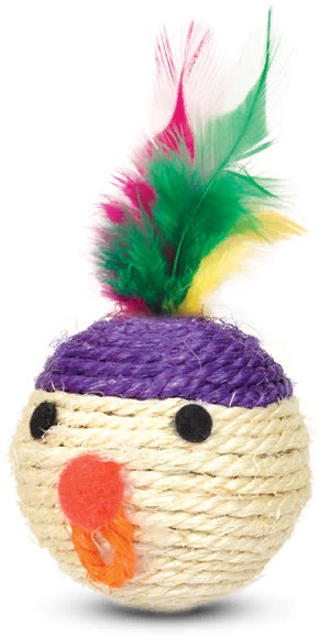 Игрушка для кошек из сизаля "Мяч-мордашка с перьями", d65мм