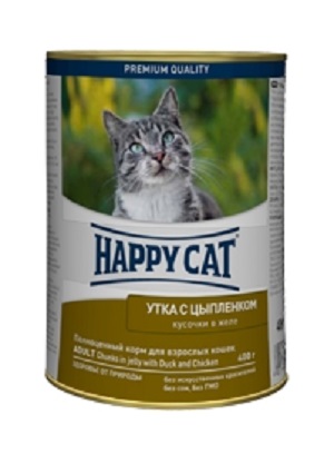 Хэппи Кэт консервы кусочки в желе Утка и Цыпленок 400г
