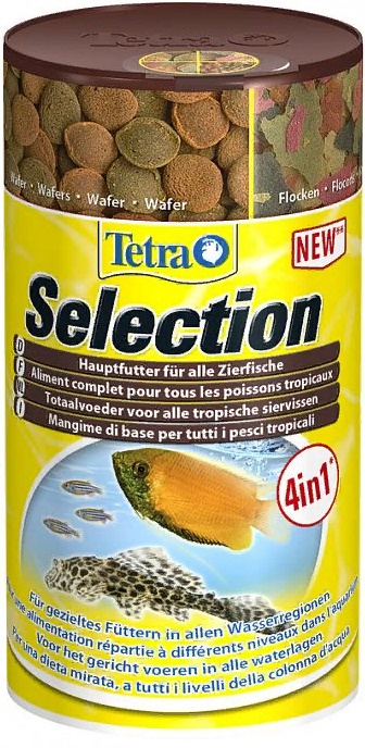 TetraSelection корм 4 вида для всех видов рыб хлопья/чипсы/гранулы 250мл