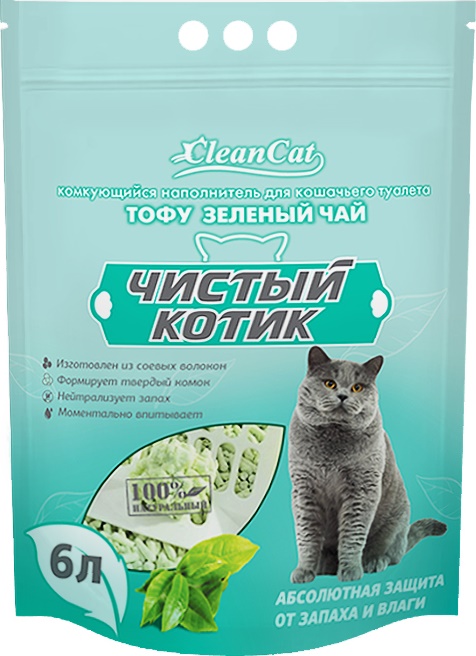 Наполнитель "Чистый Котик" Tofu Green Tea комкующийся растительный 6л
