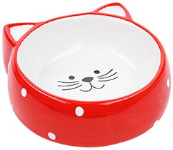 №1Миска керамическая в форме мордочки кошки,  красная,  горох 12,5*12,5*3,8см, 120мл