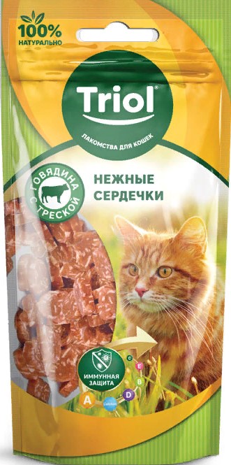 Нежные сердечки из говядины с треской для кошек, 40г