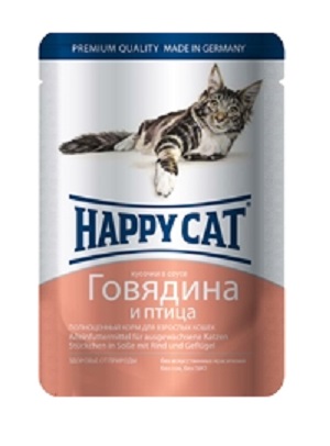 Хэппи Кэт пауч Говядина/Птица кусочки в соусе 100г