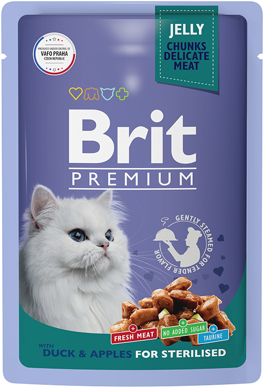 Брит Premium Пауч для взрослых стерилизованных кошек утка с яблоками в желе 85г
