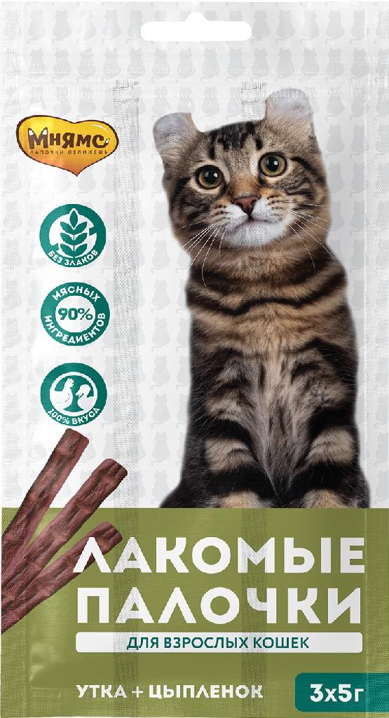 Мнямс лакомые палочки 13,5см д/к с цыпленком и уткой 3х5г