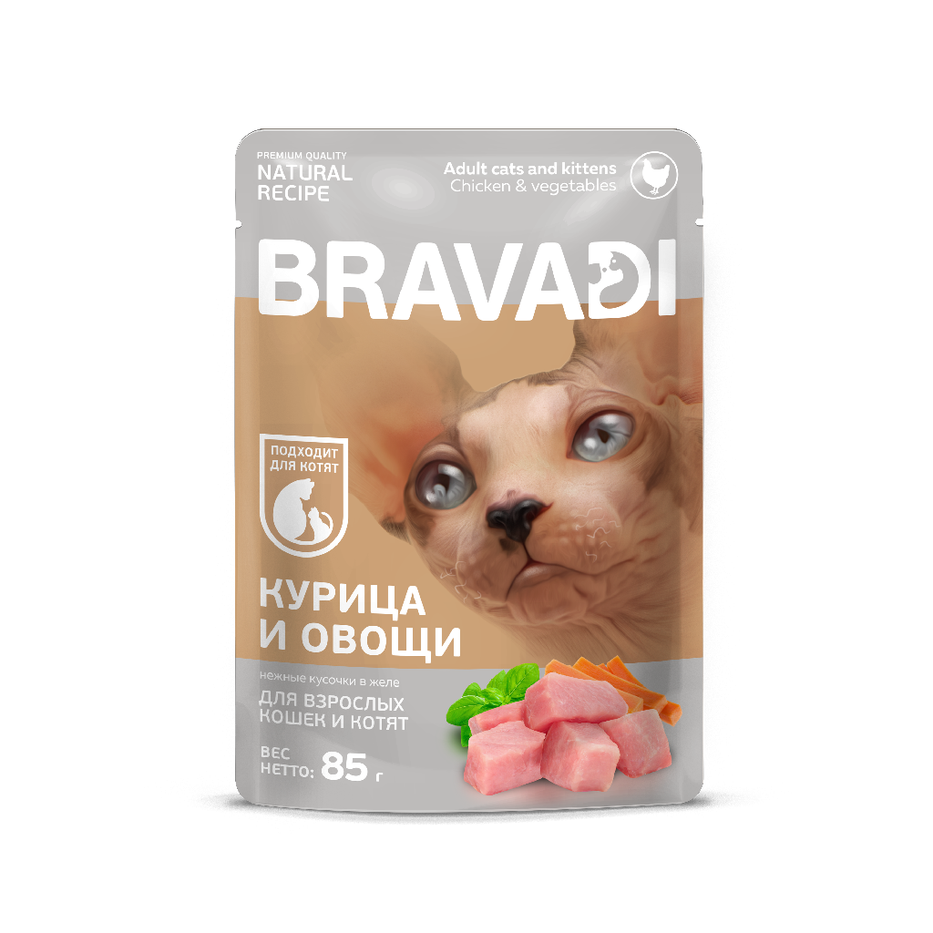 BRAVADI пауч нежные кусочки с курицей и овощами в желе для кошек и котят 85г