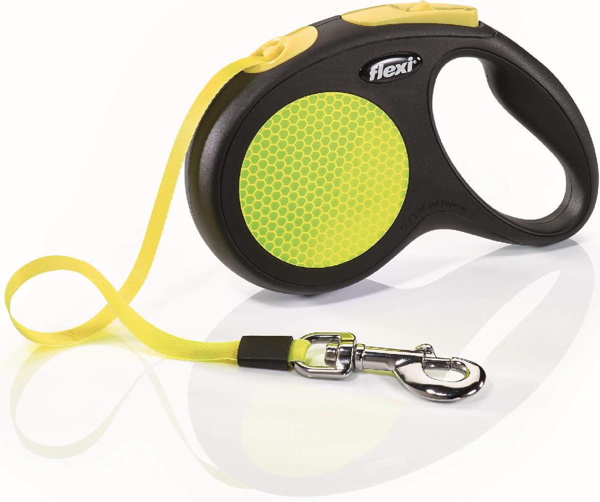 FLEXI Рулетка NEON SAFETY PLUS L ремень 5м до 50кг, чёрный/неон