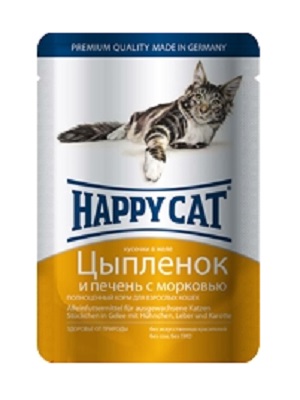 Хэппи Кэт пауч Цыплёнок/Печень/Морковь кусочки в желе 100г